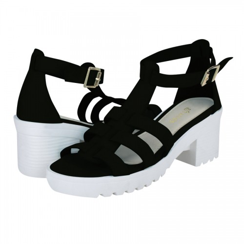 Estatos Faux Leather Block Heel Platform White Sole Strappy Black Gladiator Sandals for Women