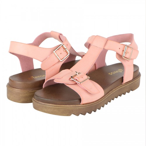 Estatos Faux Leather Open Toe T Strap Buckle Closure Brown Platform Heel  Baby Pink Sandals for Women