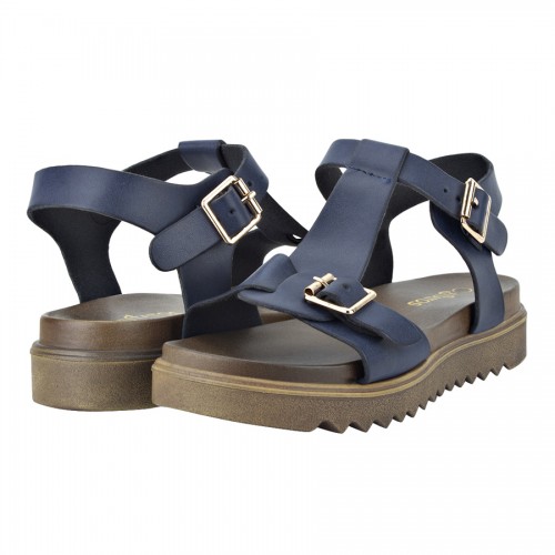 Estatos Faux Leather Open Toe T Strap Buckle Closure Brown Platform Heel Navy Blue Sandals for Women