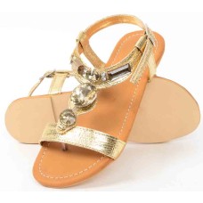 Flat Leather Rhinestone T-strap Gold Sandals