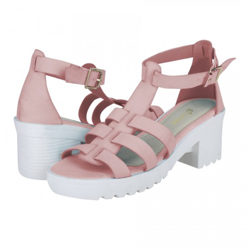 Estatos Faux Leather Block Heel Platform White Sole Strappy Pink Gladiator Sandals for Women