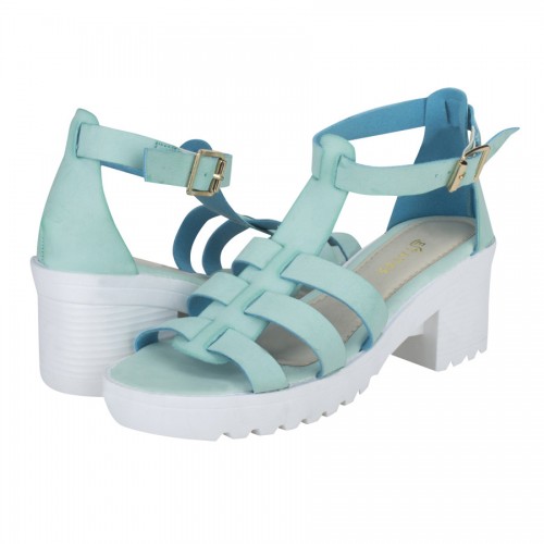 Estatos Faux Leather Block Heel Platform White Sole Strappy Blue/Teal Gladiator Sandals for Women